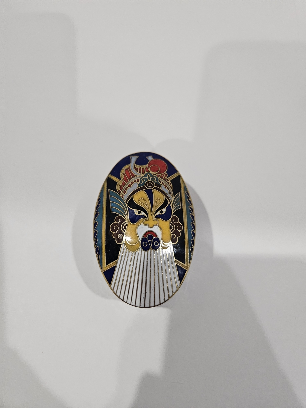 Vintage Chinese Cloisonne Enamel Trinket Box Peking Opera Mask Oval Pill Box